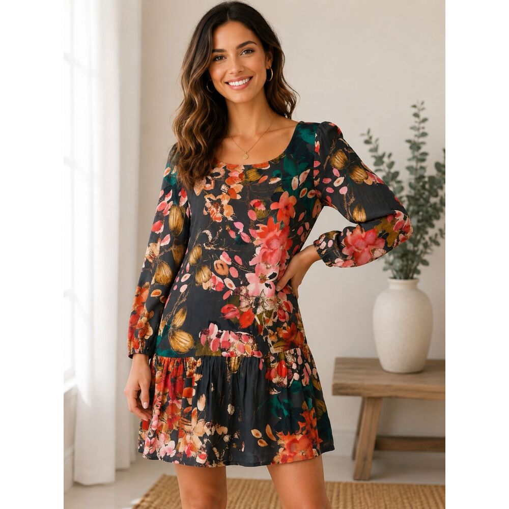 Anthropologie Meadow Rue Minutiae Drop Waist Gray Floral Dress Size 10